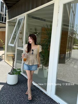 正品实拍2026夏新款韩版百搭显瘦设计感小众泡泡袖衬衫上衣配发带