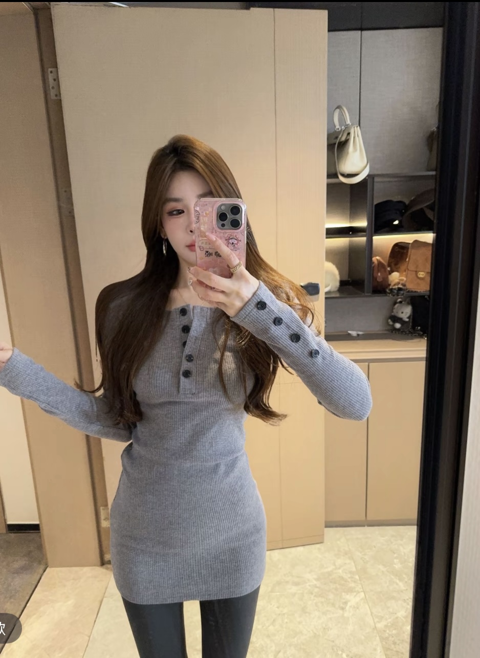 泡菜订制灰色多粒扣加绒T裙女2025冬季新款韩版修身显瘦百搭内搭