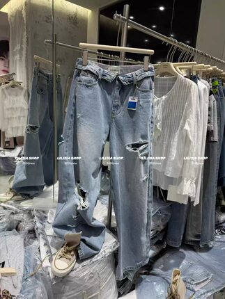 正品实拍2026新款蓝色阔腿牛仔裤宽松设计破洞牛仔裤高腰百搭显瘦