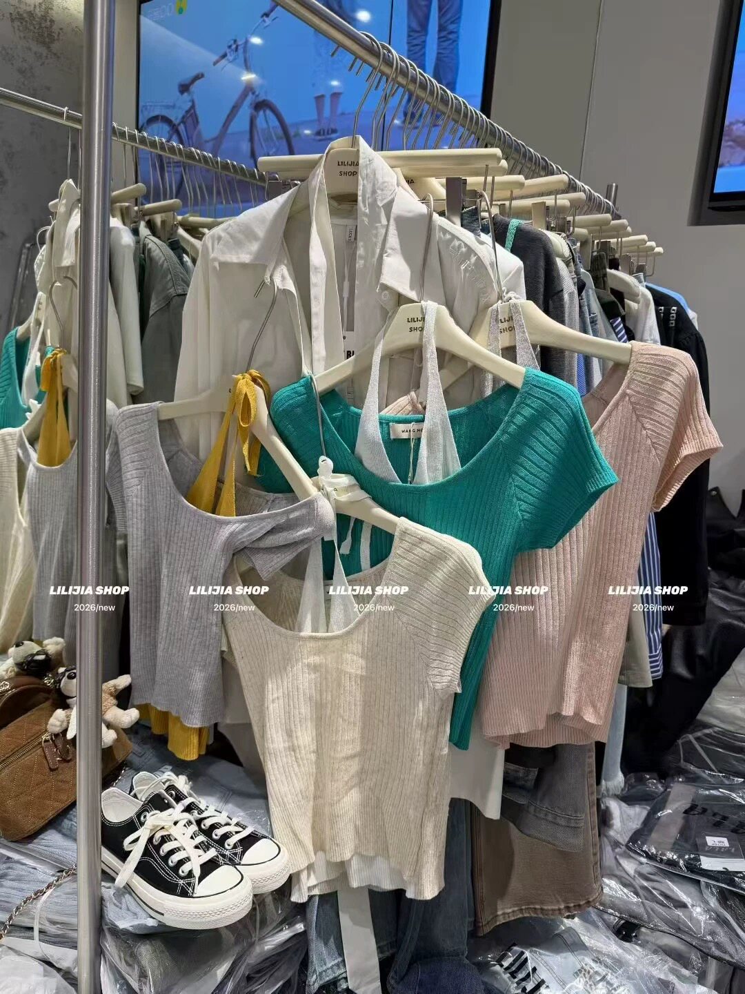 正品实拍2026春夏新款修身百搭挂脖设计感假两件套短袖T恤针织衫