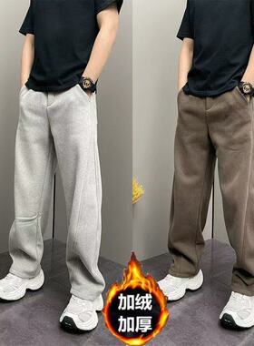 2026新款冬季加绒简约百搭弯刀休闲裤男士宽松显瘦直筒运动裤