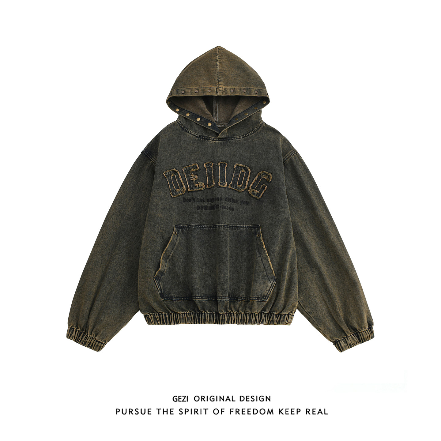 格自美式复古连帽牛仔外套男女宽松做旧卫衣潮牌字母刺绣套头夹克,男装,牛仔外套,淘宝优惠券,粉丝福利购,淘宝优惠卷