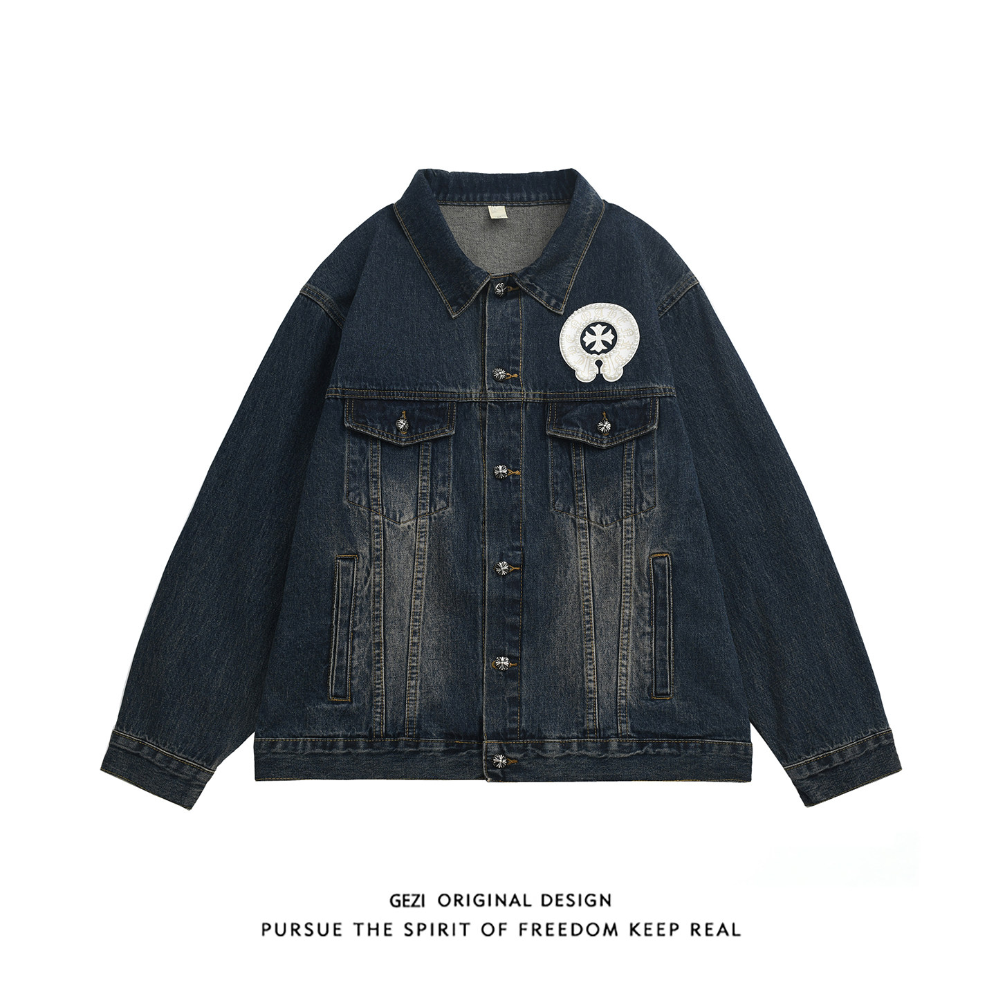 格自水洗牛仔外套男春秋季宽松翻领工装夹克美式潮流百搭休闲上衣