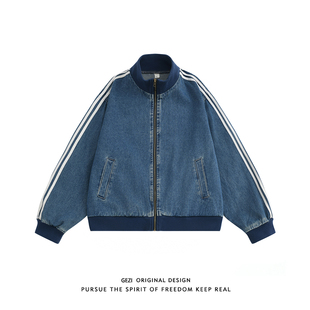格自美式 设计感情侣夹克 高街条纹牛仔外套男女潮牌宽松上衣春秋季