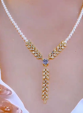 2025年新款麦穗珍珠项链微镶锆石长款锁骨链轻奢感流行颈链女