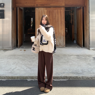 糯米棕色阔腿裤 针织休闲加长拖地 女秋冬加绒加厚美拉德梨形报恩裤