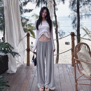 垂感显瘦加长拖地运动裤 女空气感莫代尔遛弯云朵裤 灰色阔腿裤 夏季