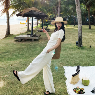 拖地裤 垂感加长棉麻裤 女夏慵懒松弛感休闲裤 老钱风白色亚麻阔腿裤