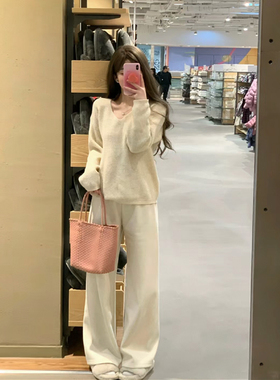 针织奶油白阔腿裤女秋冬加绒加厚米白糯米羊毛休闲裤垂感加长拖地