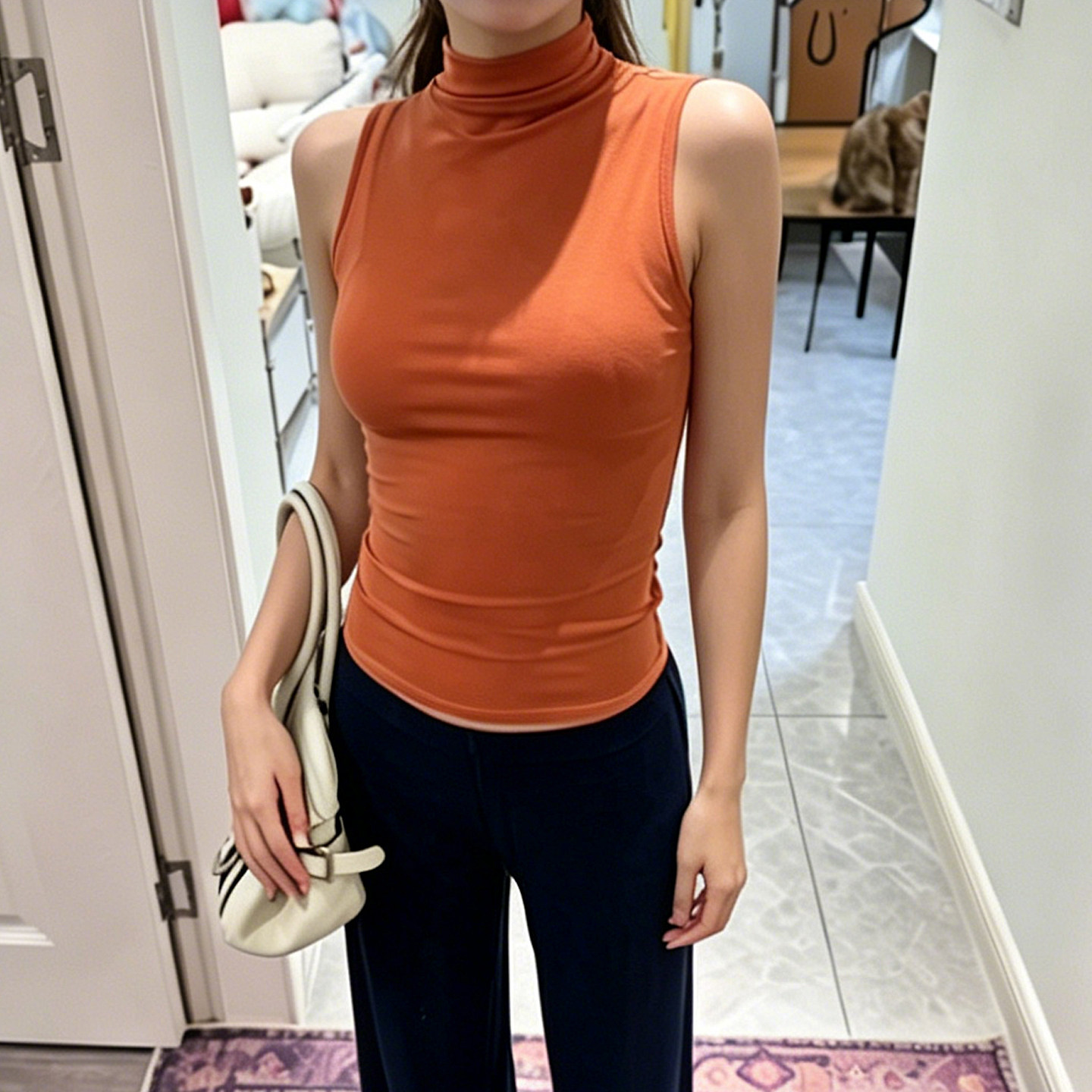 莱赛尔无袖短款背心上衣女夏季外穿针织打底衫百搭半高领弹力上衣