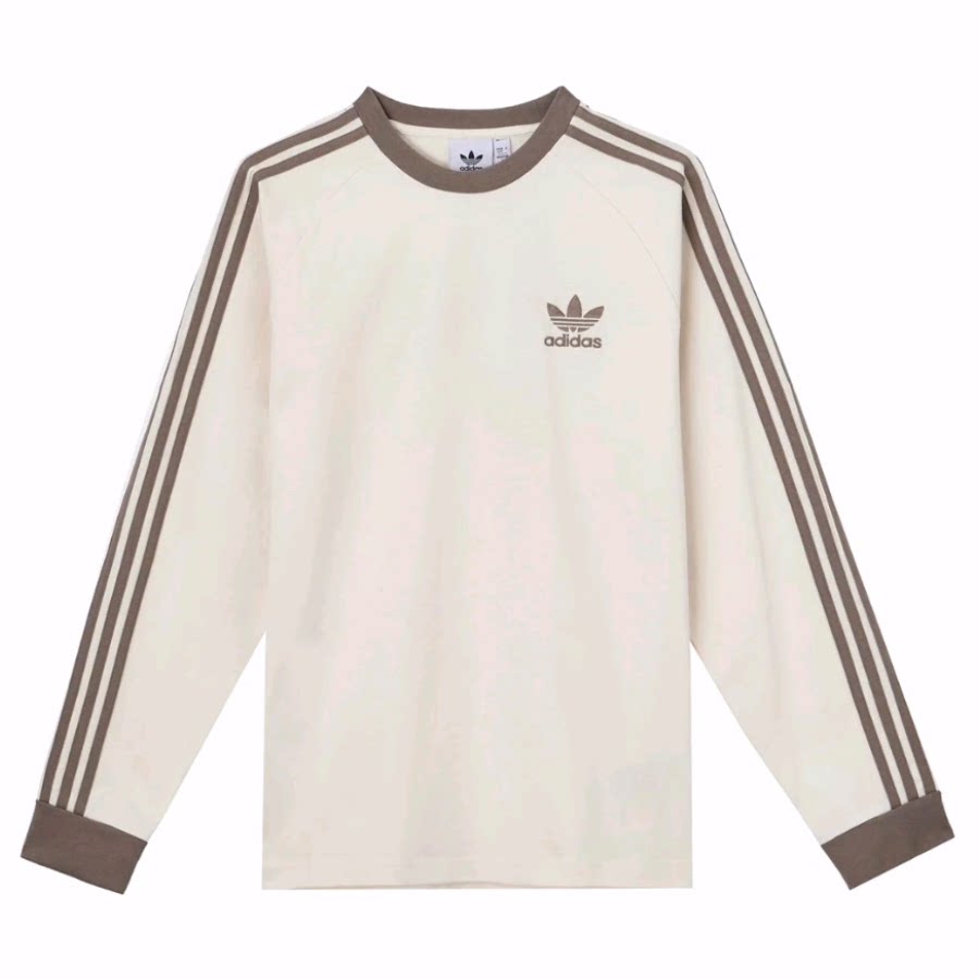 adidas originals 休闲运动条纹插肩纯棉长袖T恤 男款 米色