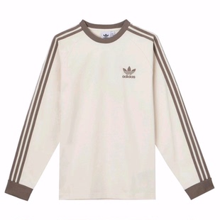 adidas originals 休闲运动条纹插肩纯棉长袖T恤 男款 米色