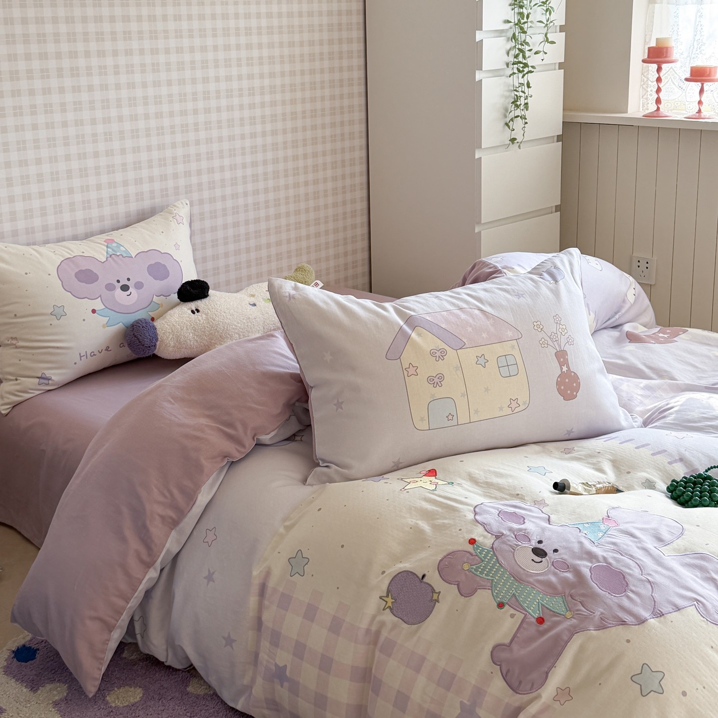 卡通可爱全棉双层纱儿童三四件套少女心纯棉床上用品柔软舒适紫色,床上用品,淘宝优惠券,粉丝福利购,淘宝优惠卷