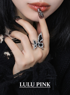 美式小众设计ins甜酷风黑色蝴蝶戒指简约朋克食指戒可调节开口戒