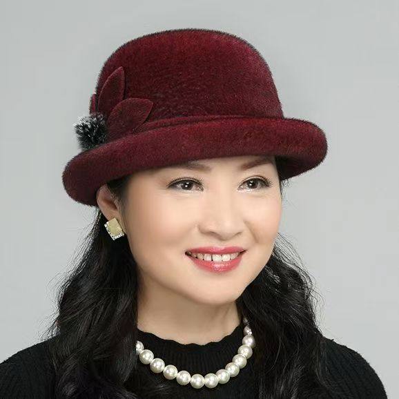短檐礼帽秋冬季时尚毛球盆帽中老年奶奶帽女士貂绒休闲渔夫帽