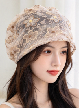 透气花卉蕾丝康复帽 套头女士月子帽光头居家头套