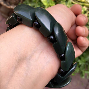 和田玉甲片手串黑青玉石手排墨绿色龙鳞手牌男时尚手链带证书保真