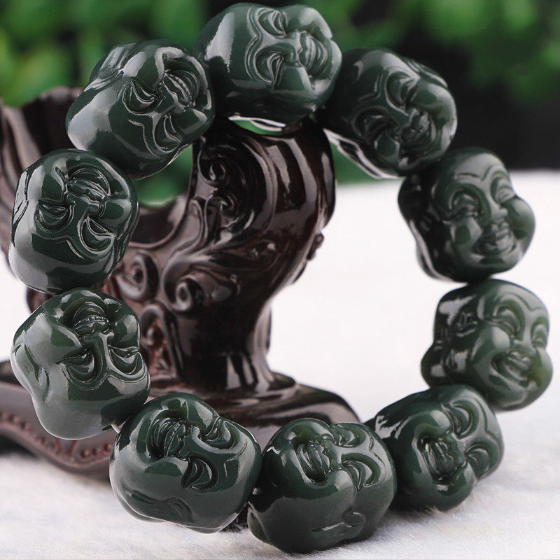 和田玉手串双面佛头青玉手链男