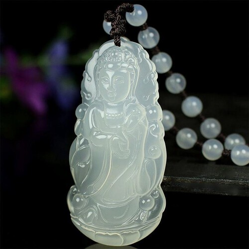冰种白玛瑙观音项坠玉佛毛衣链