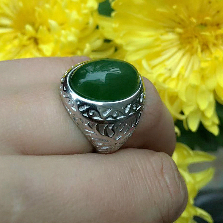 和田玉戒子碧玉戒指包邮s925银镶菠菜绿大款活口戒指蛋面玉指环男