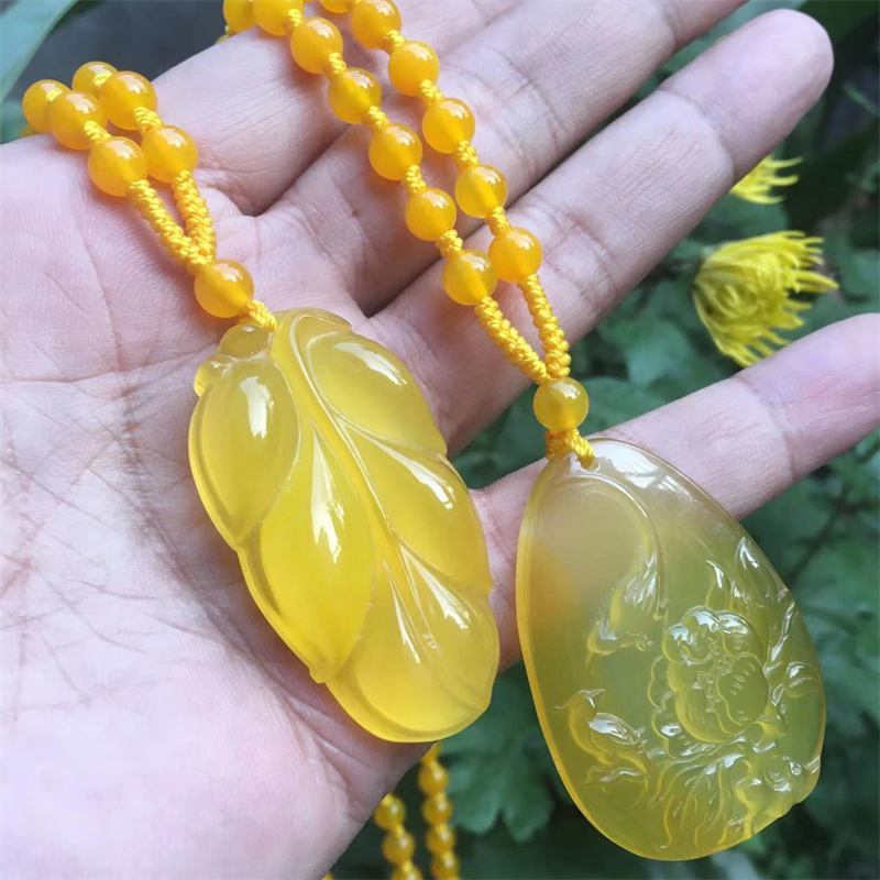 天然黄玛瑙树叶富贵花鸟玉挂件项链吊坠男女民族风情侣饰品带证书