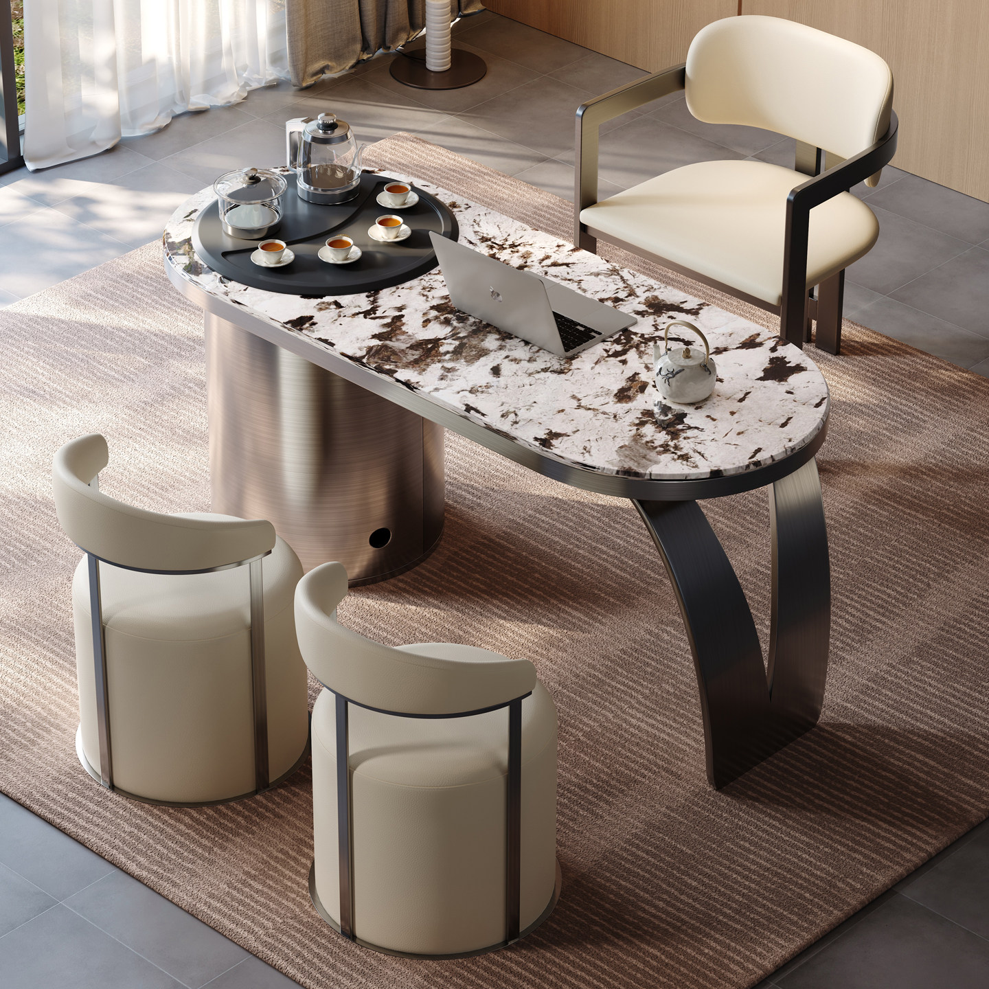 意式轻奢天然奢石茶桌现代简约大理石茶台家用阳台办公茶桌椅组合