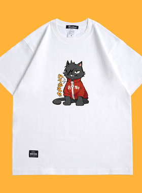 FDSK排球少年黑尾猫猫宽松落肩短袖插画师桔芊联名款纯棉T恤男女