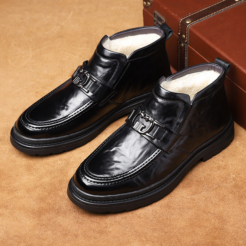冬季抗寒加绒保暖真皮休闲皮鞋男东北男士高帮羊毛绒棉鞋套脚皮鞋