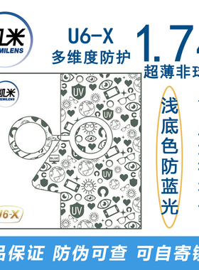 韩国凯米镜片U6-X无底色防蓝光防紫外线耐磨1.74高度数近视眼镜片