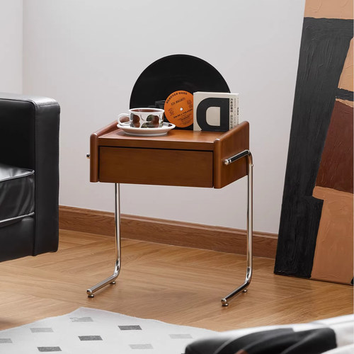 中古风床头柜实木小型卧室边柜简约悬浮不锈钢复古客厅边几日式