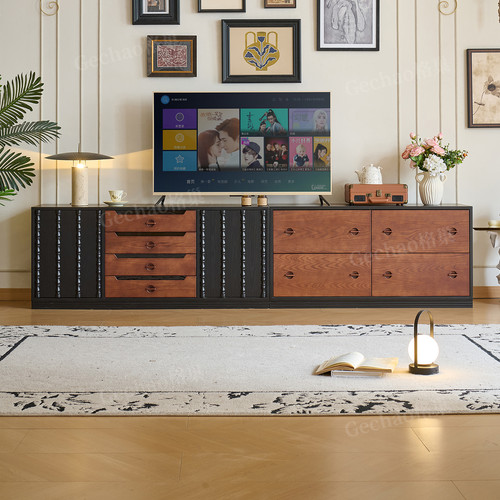 法式复古风白蜡木实木电视柜模块组合客厅小户型中古风储物落地柜