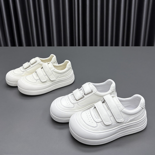 真皮小白鞋女2026春季新款圆头厚底魔术贴防滑透气牛皮休闲板鞋潮