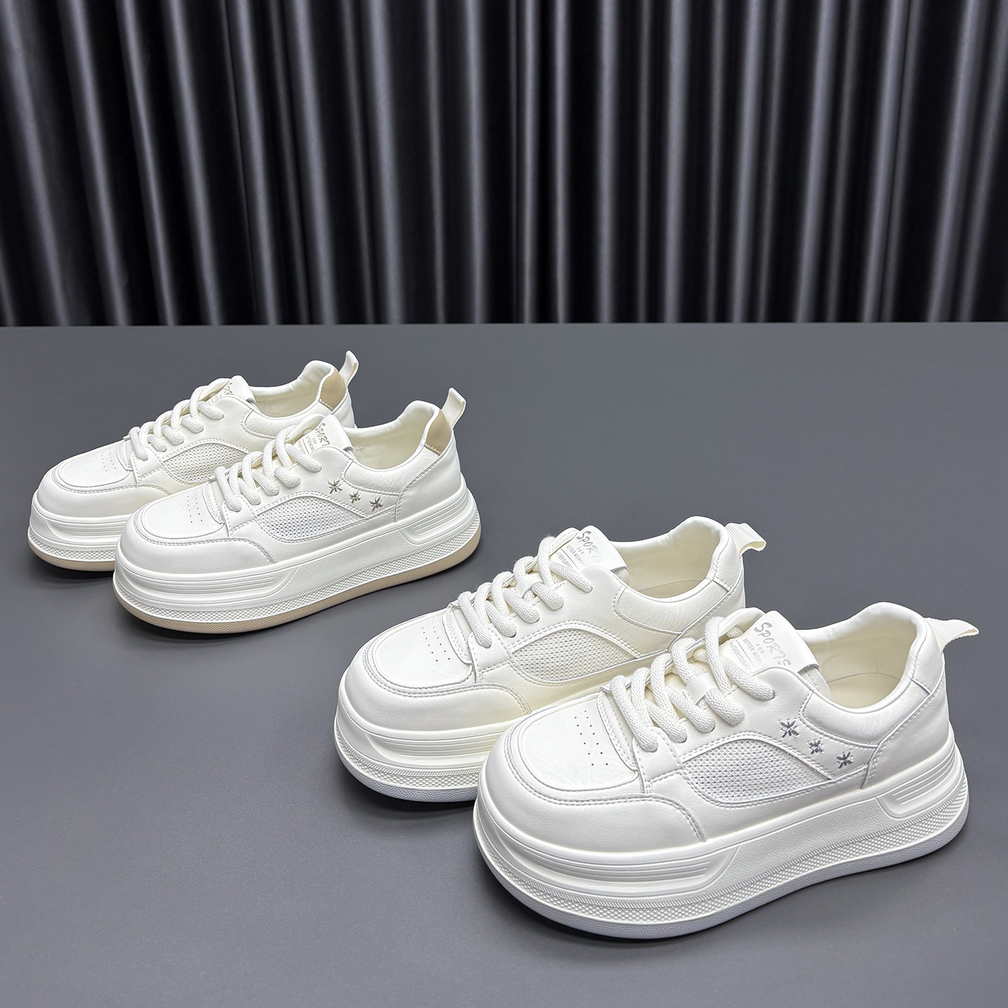 真皮网面小白鞋女2026春季新款圆头厚底轻便舒适百搭牛皮休闲板鞋