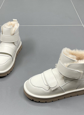 速利玛真皮羊毛加厚雪地靴女2025冬季新款魔术贴保暖防滑牛皮棉靴