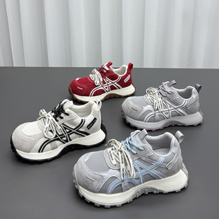 真皮网面阿甘鞋女2026春季新款圆头厚底轻便透气舒适休闲运动鞋潮