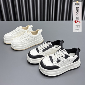 真皮熊猫板鞋女2026春季新款圆头厚底增高显瘦牛皮休闲运动小白鞋