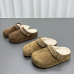 真皮羊毛加绒勃肯半拖鞋女2025冬季新款懒人厚底防滑保暖包头棉鞋