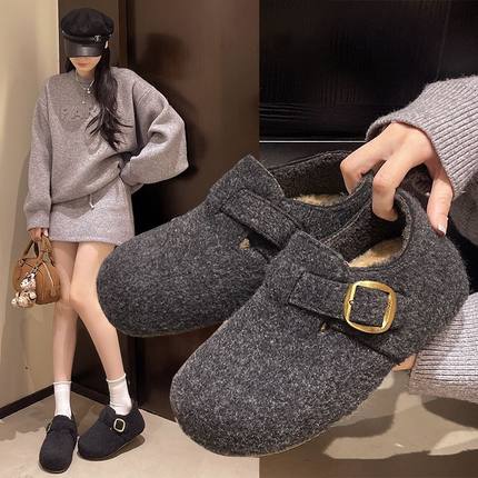 复古毛毡加绒勃肯鞋女加绒秋冬季圆头毛呢脚蹬保暖棉瓢乐福鞋