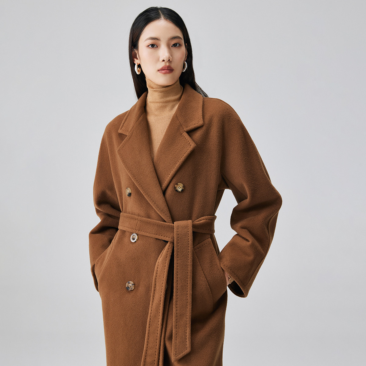 max同款秋冬经典双排扣驼色101801中长款羊绒羊毛呢大衣女外套