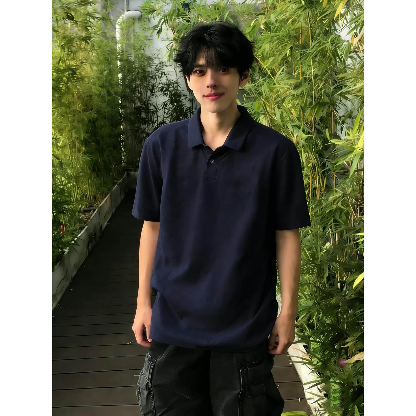 藏青色重磅polo衫男短袖夏季少年感正肩翻领t恤cleanfit五分袖