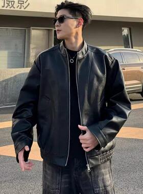 黑色解构正肩皮衣外套男款春秋高级感痞帅炸街机车服美式工装夹克
