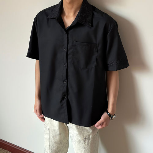 Blog简约永生花刺绣显高衬衫短宽 斜纹TR 混纺短袖衬衣D221