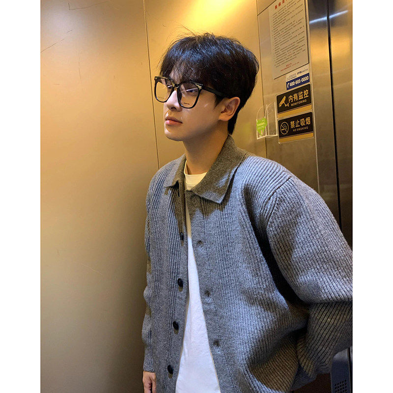 灰色针织开衫外套男春秋款韩系高级感外套cleanfit慵懒风翻领毛衣
