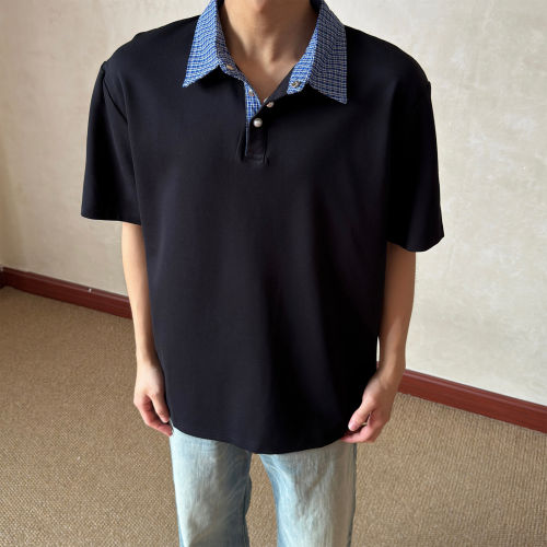 Blog高智风假两件格纹翻领短袖短宽显高 罗马布 T恤D319