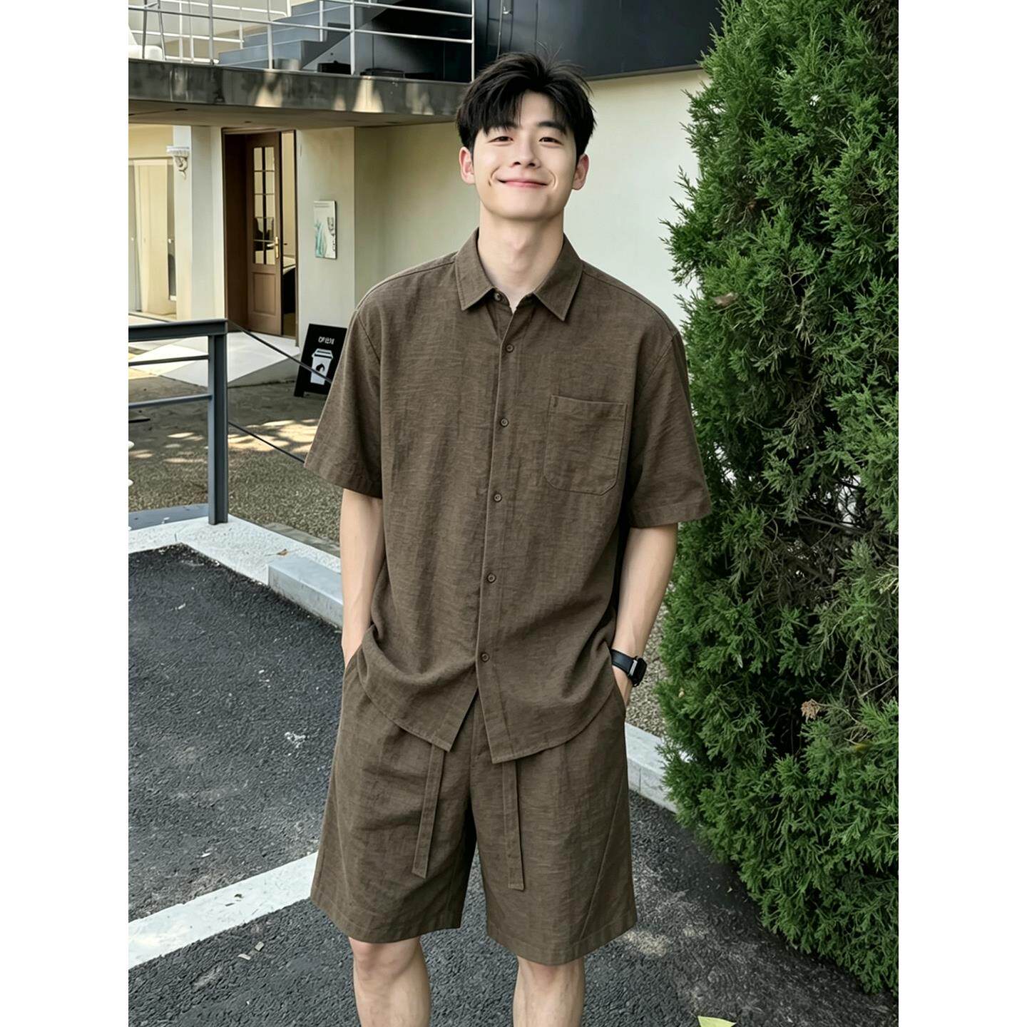 老钱风莱赛尔亚麻套装男夏季薄松弛感慵懒透气短袖衬衫短裤两件套