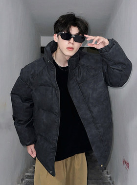 黑灰色pu皮羽绒棉服男冬季加厚保暖痞帅面包服高级感立领棉衣外套