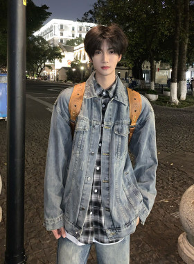 浅蓝色牛仔外套男春秋少年感翻领水洗牛仔衣cleanfit短款工装夹克