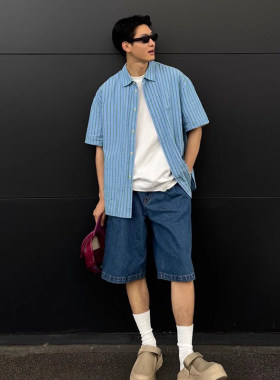 水洗蓝色牛仔短裤男日系复古cityboy阔腿裤子夏季户外运动五分裤