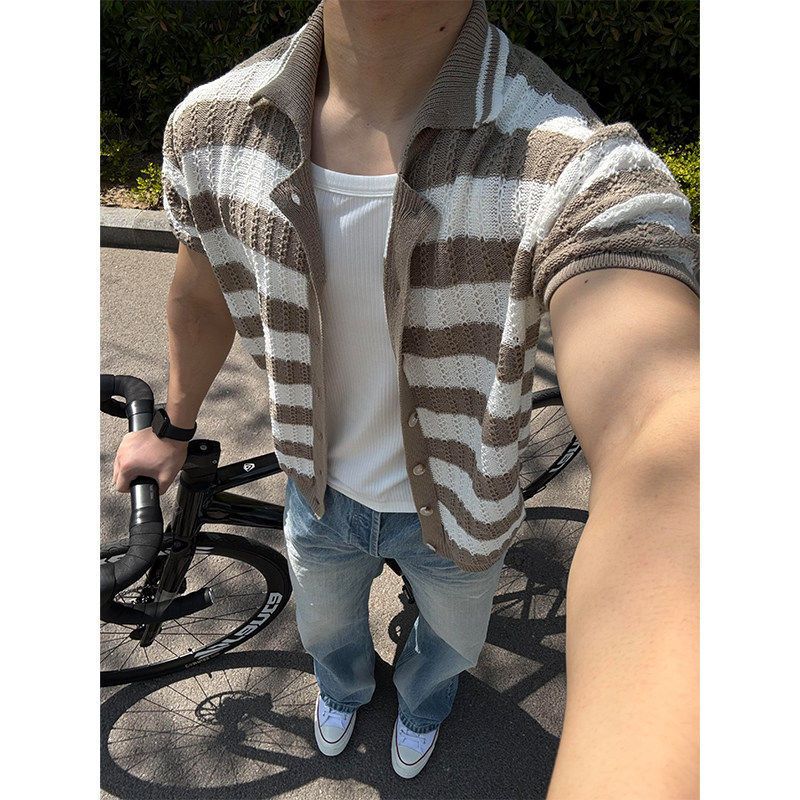 美式复古镂空针织条纹短袖衬衫男款夏季慵懒风高级感半袖衬衣外套