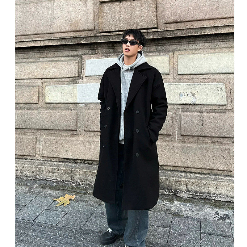 黑色垫肩大衣男冬季加厚中长款毛呢外套韩系穿搭潮牌风衣
